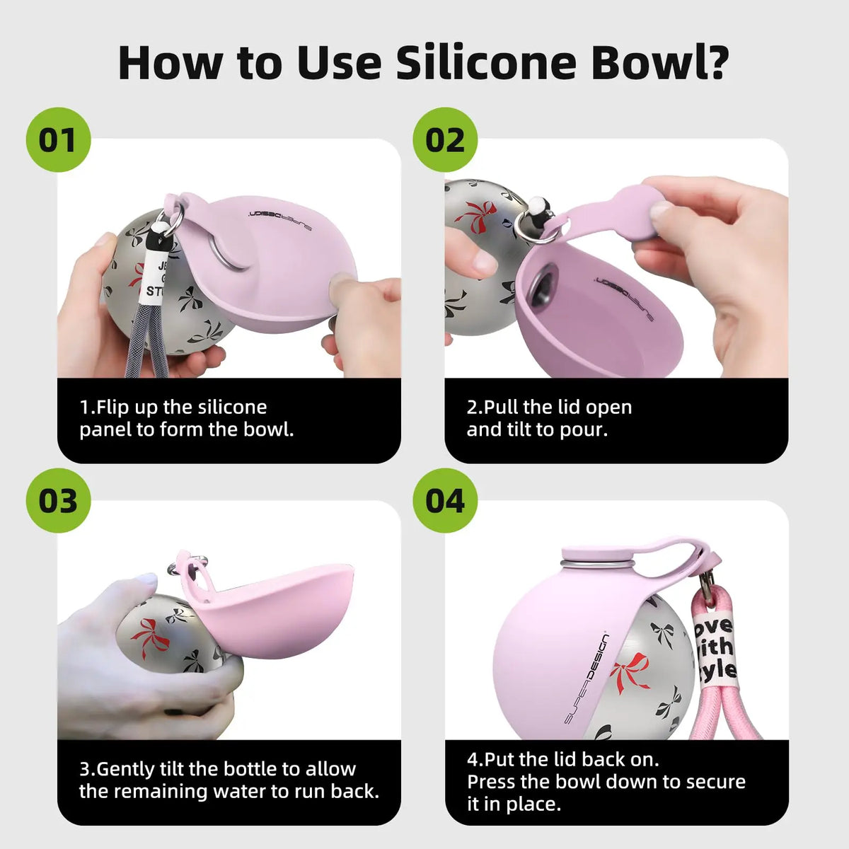 Portable dog water bottle with silicone bowl
