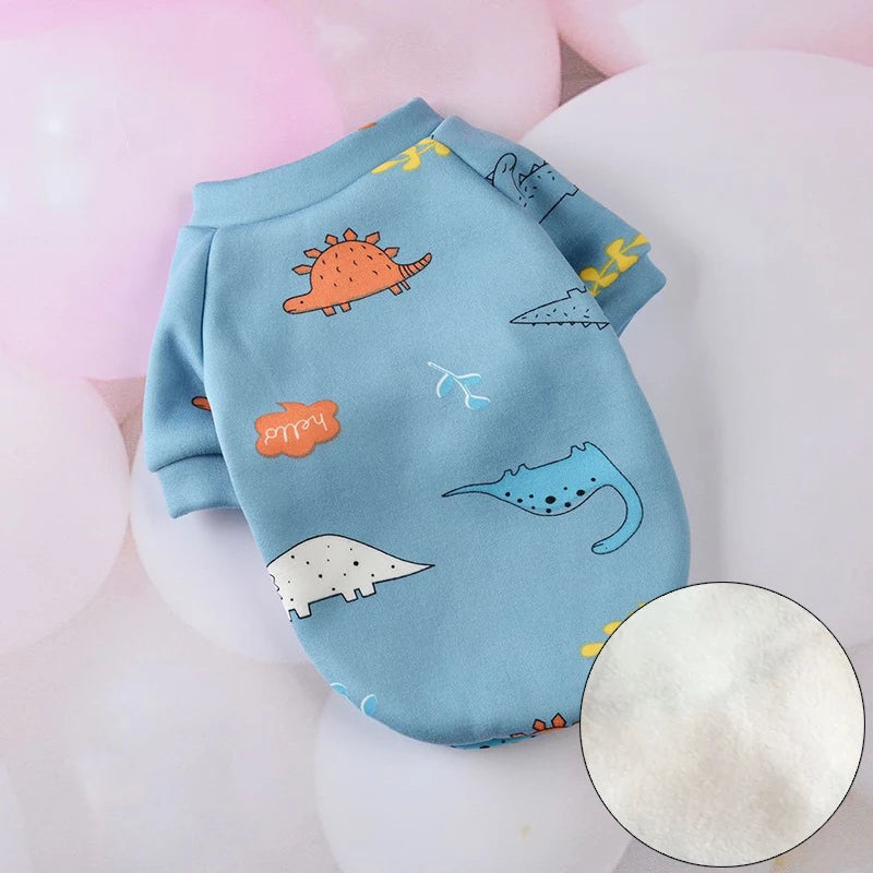 Printed Fleece Top for Sphynx Cats - Blue Dinosaur / XS