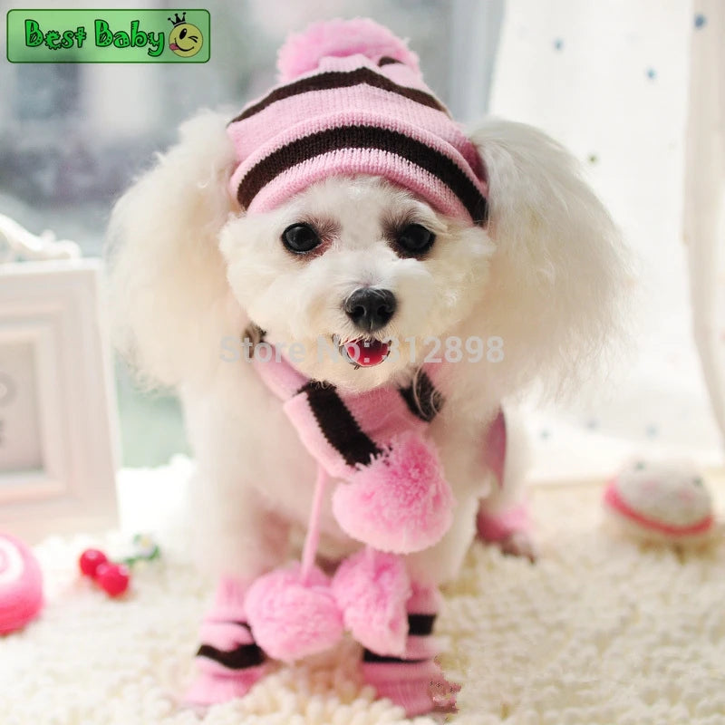 Knitted Striped Pom-Pom Hat Set