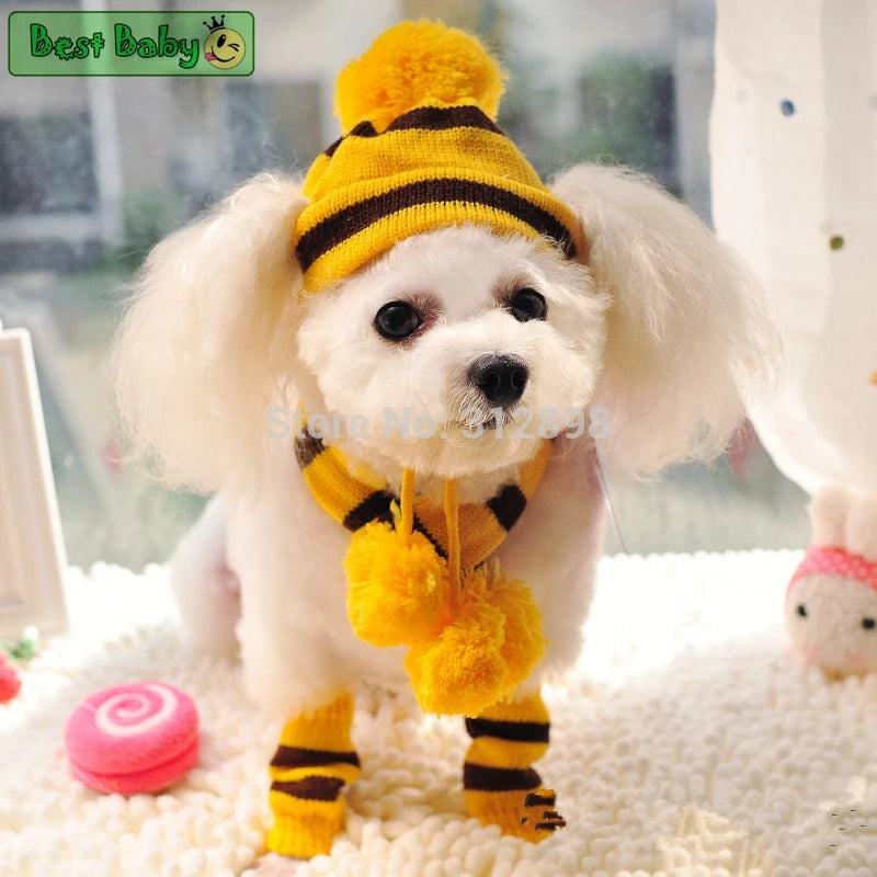 Knitted Striped Pom-Pom Hat Set