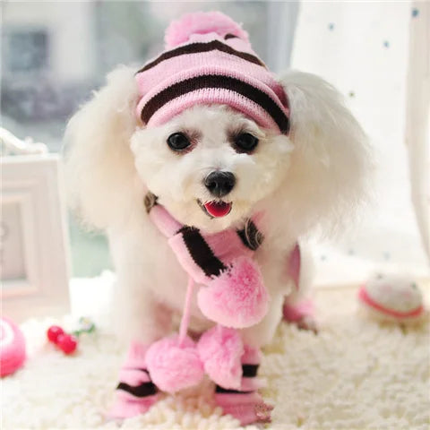 Knitted Striped Pom-Pom Hat Set - Pink / XXS