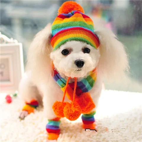 Knitted Striped Pom-Pom Hat Set - Colorful / XXS