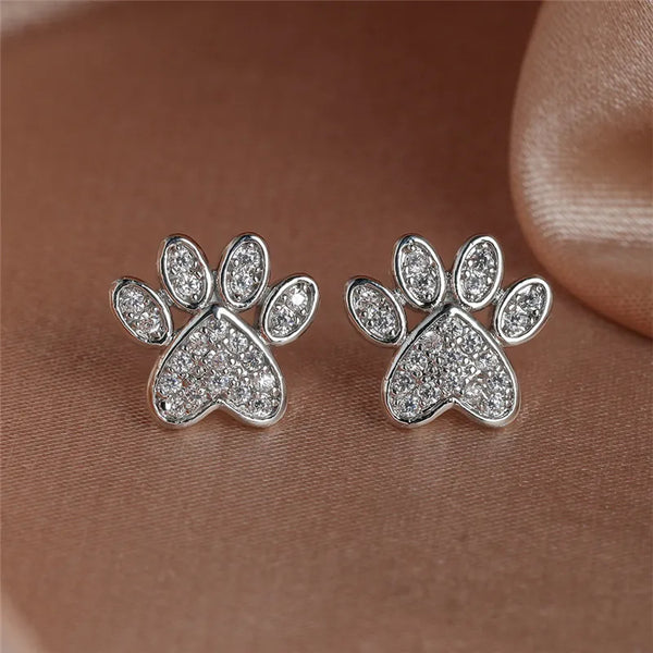 Heart & Cat Paw Sparkle Stud Earrings