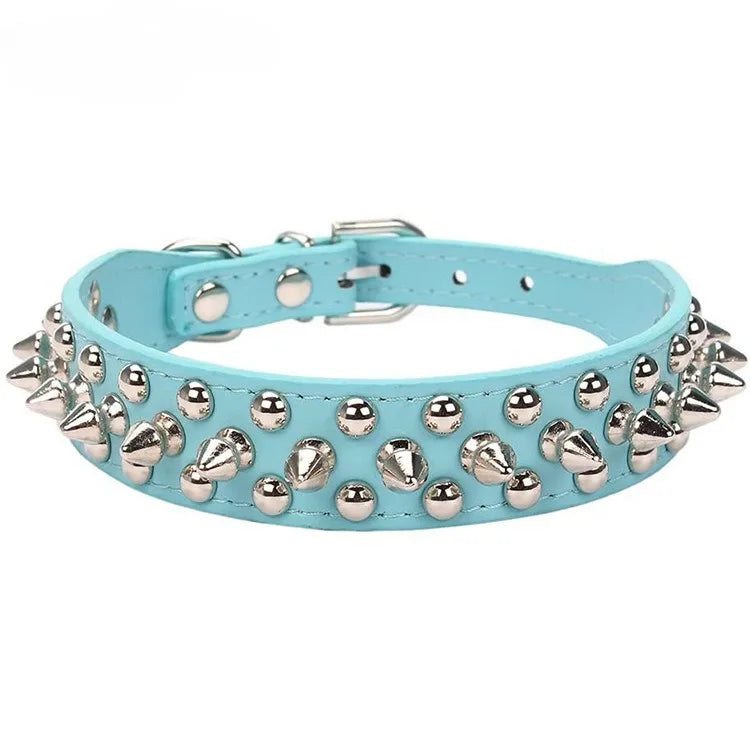 Spiked Faux Leather Dog Collar - Light Blue / XS