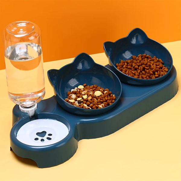 3-in-1 Tilted Cat Bowl Set with Water Bottle