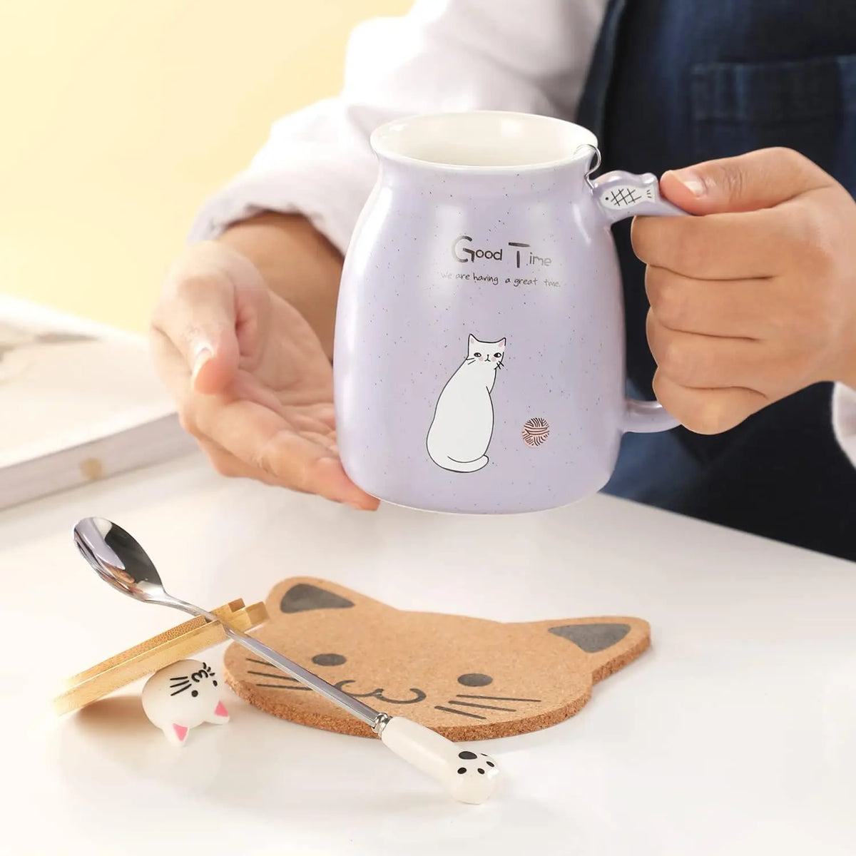Cat Teacup Mug with Lid & Spoon