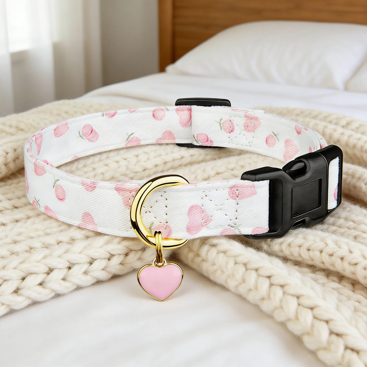 Cotton Dog Collar with Heart or Strawberry Charm