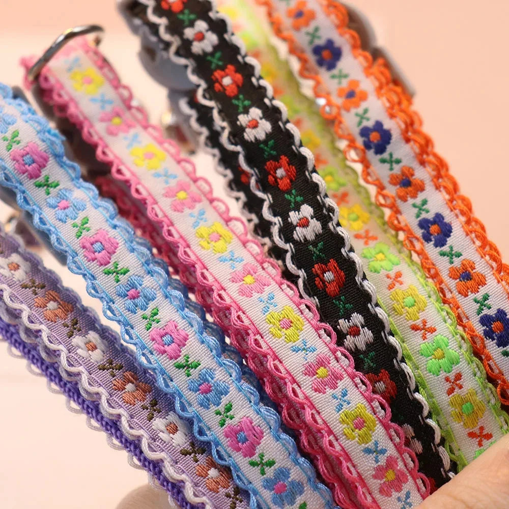 Floral Embroidered Cat Collar with Bell