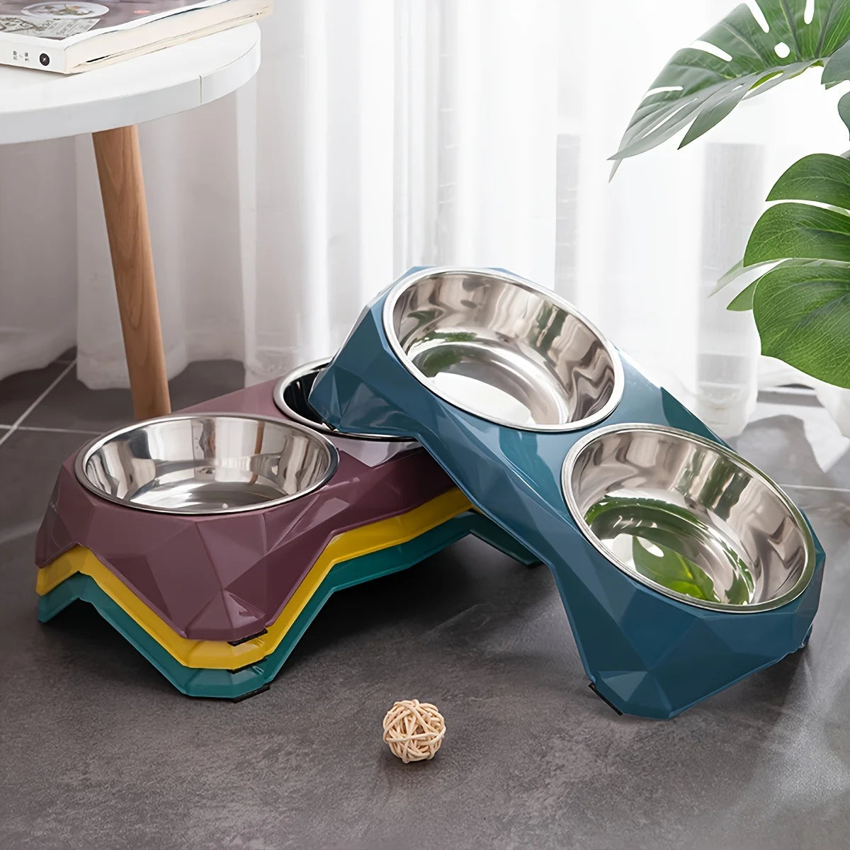 Double Stainless Steel Bowl with Diamond Stand