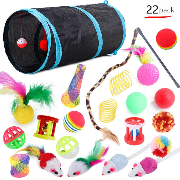 Cat Toy Set with Play Tunnel, 22 Pieces