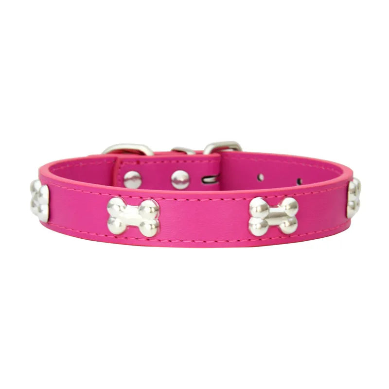 Leather Dog Collar with Bone Studs - Rose Red / M