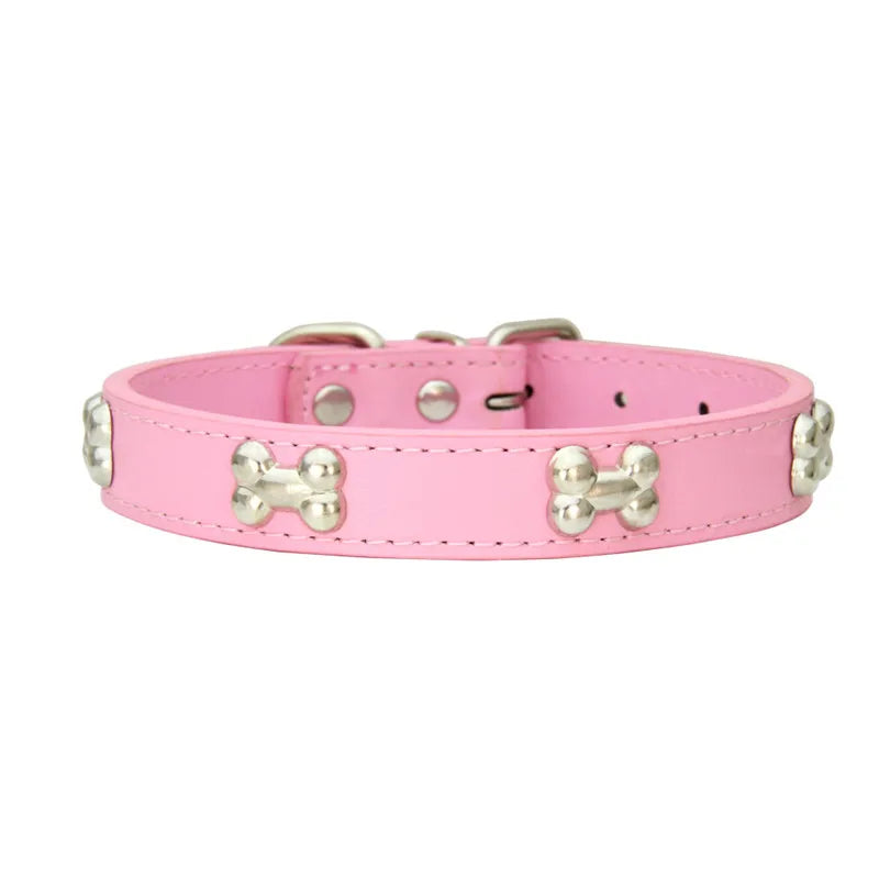 Leather Dog Collar with Bone Studs - Pink / M
