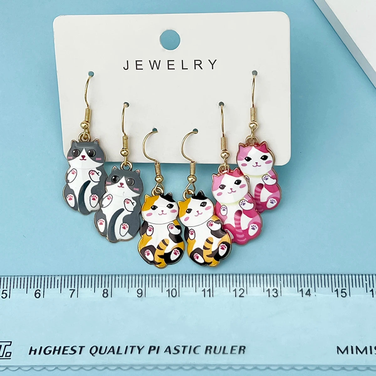 Enamel Cat Dangle Earrings Set (3 Pairs)