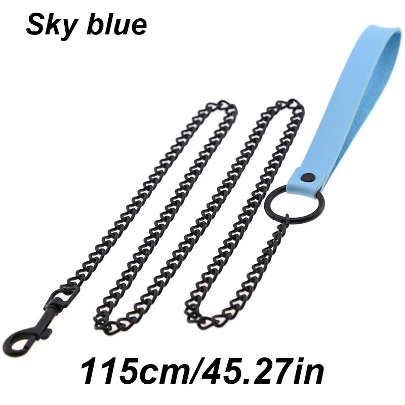 Chew-Proof Chain Dog Lead with Padded Handle - Sky Blue