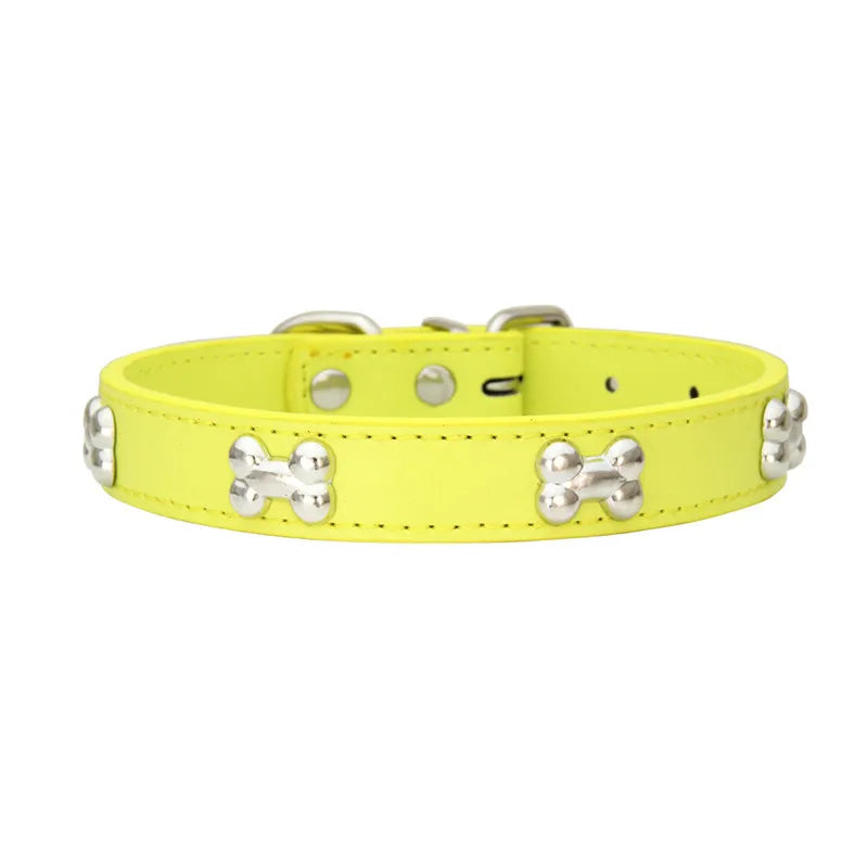 Leather Dog Collar with Bone Studs - Yellow / XS