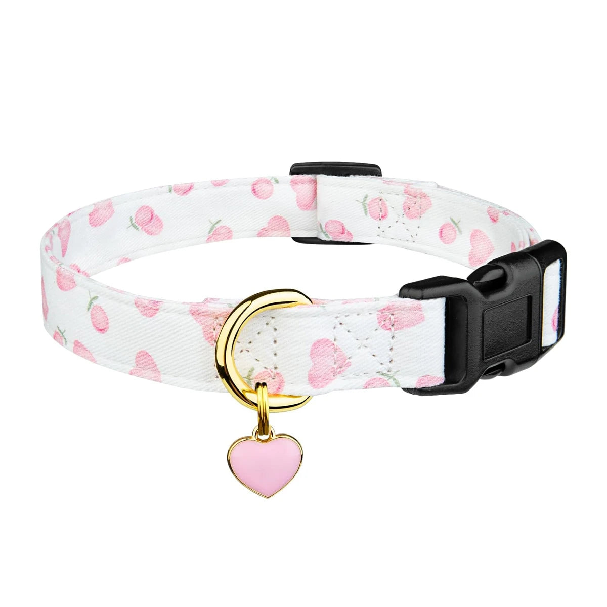 Cotton Dog Collar with Heart or Strawberry Charm - Pink Heart / L (34 to 53 cm)