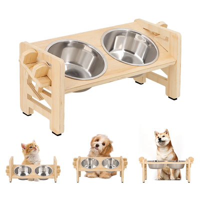Adjustable Raised Wooden Bowl Stand with 2 Bowls