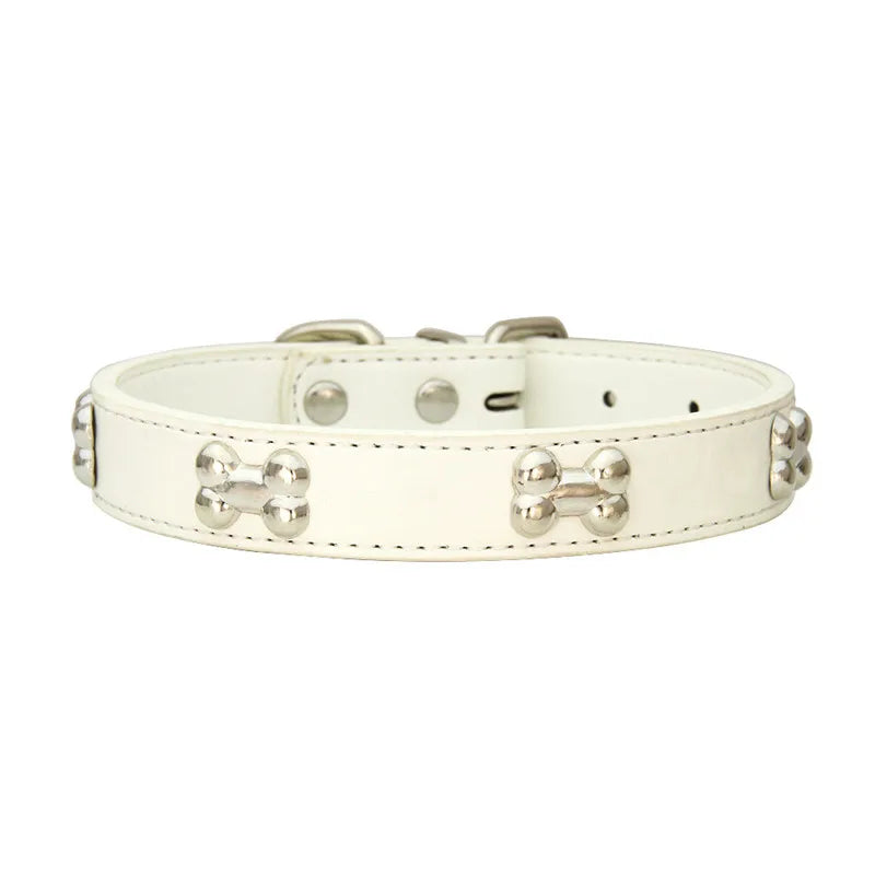 Leather Dog Collar with Bone Studs - White / XS