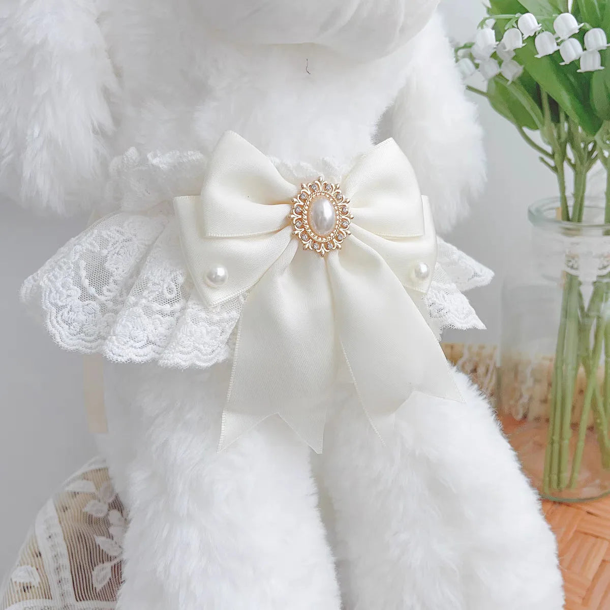 Lace Bow Bib for Cats and Small Dogs - White bow / XS