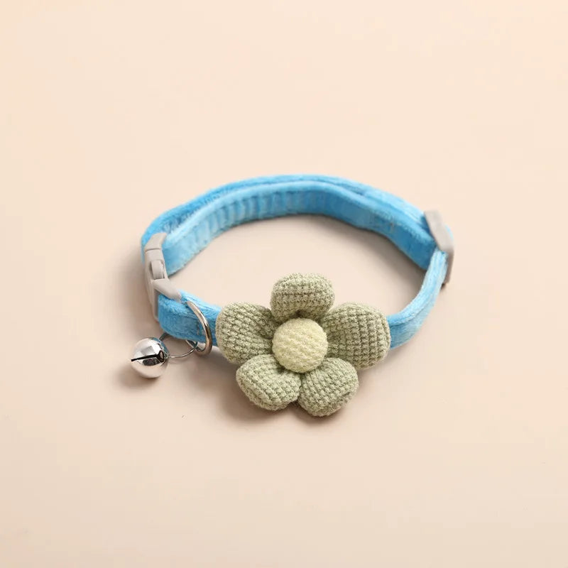 Crochet Flower Cat Collar with Bell - Blue
