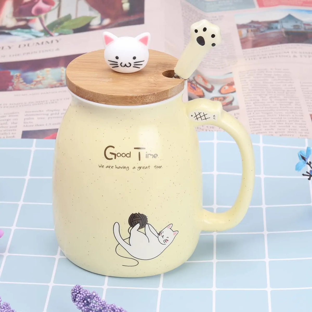 Cat Teacup Mug with Lid & Spoon
