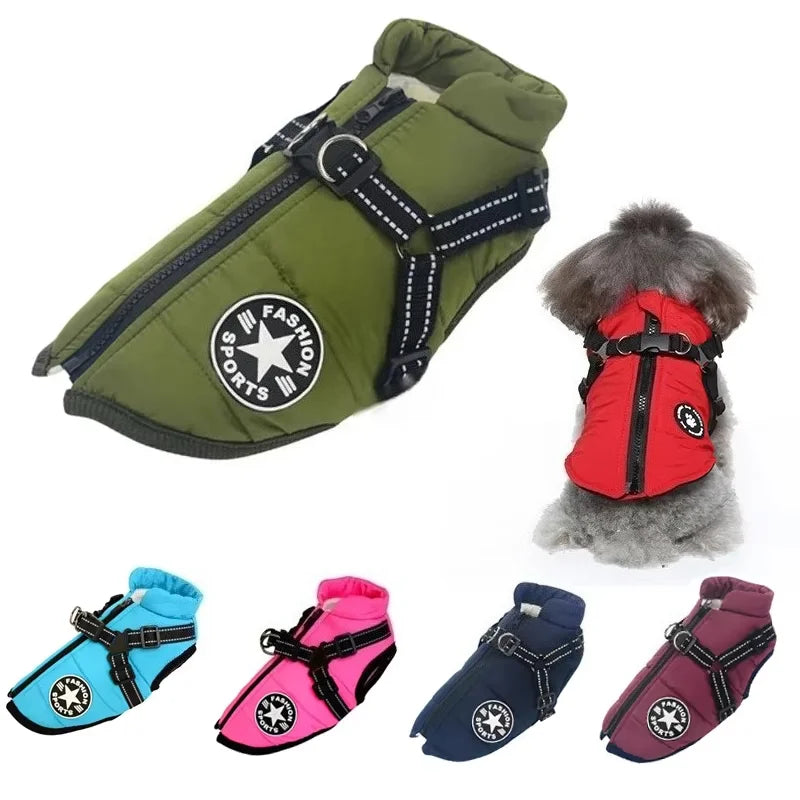 Warm Dog Jacket with Built-In Harness