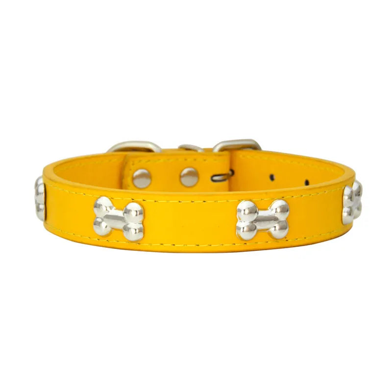 Leather Dog Collar with Bone Studs - Gold / XS