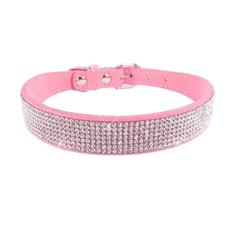 Rhinestone Suede Dog Collar - Pink / XXS