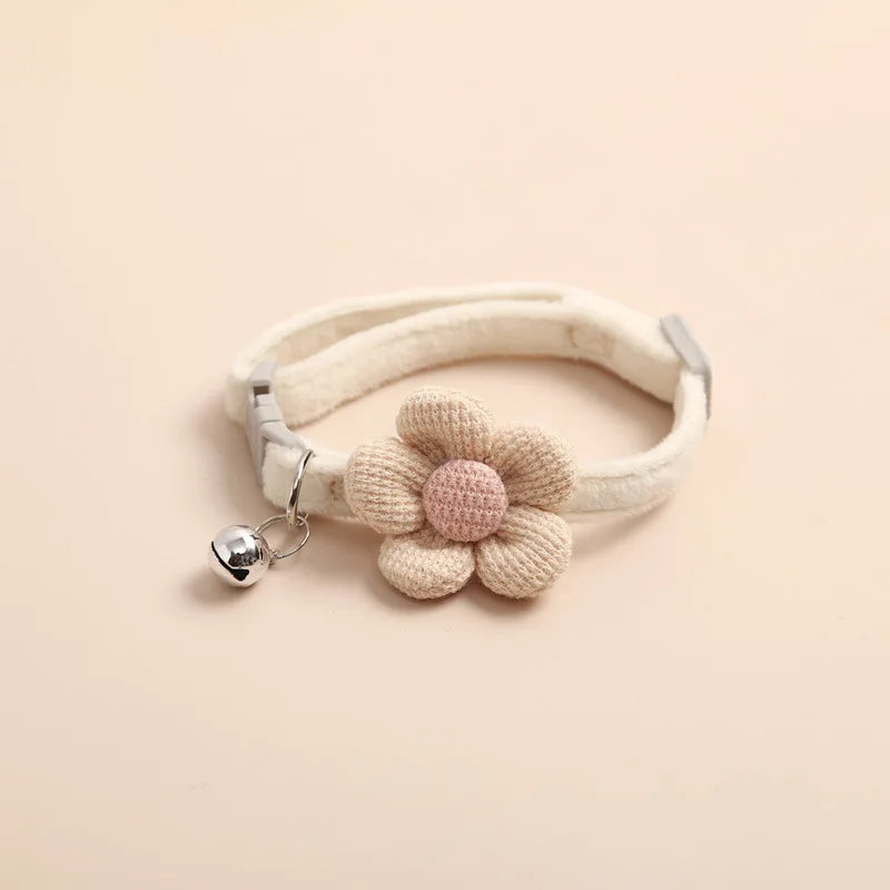 Crochet Flower Cat Collar with Bell - Beige