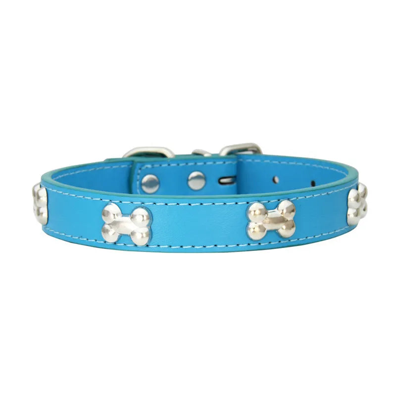 Leather Dog Collar with Bone Studs - Blue / S