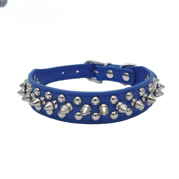 Spiked Faux Leather Dog Collar - Dark Blue / XS