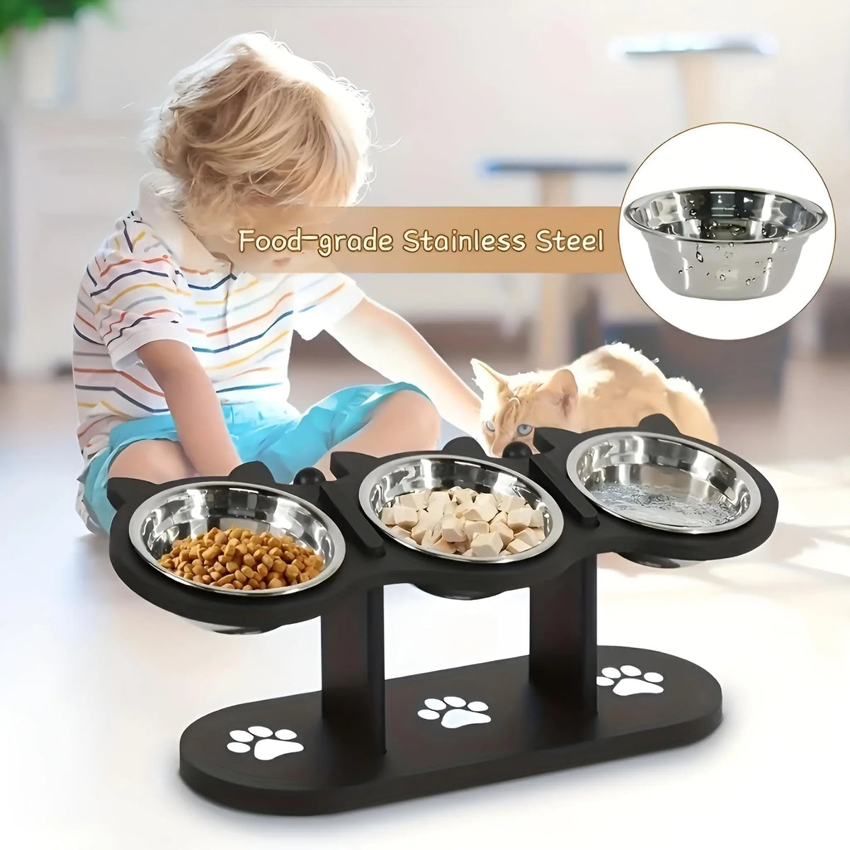 Tilted Stainless Steel Cat Bowls on Wooden Stand