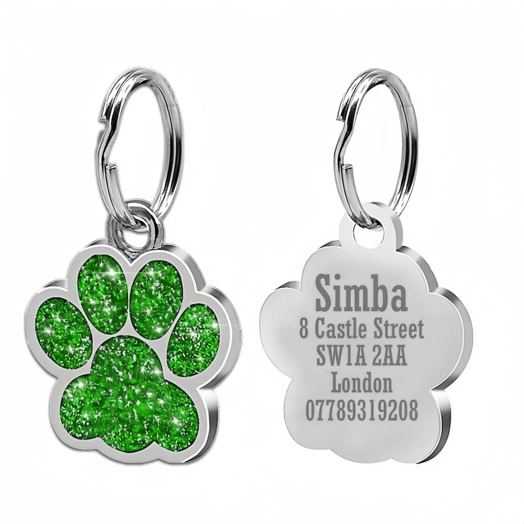 Green glitter paw ID tag with engraved back