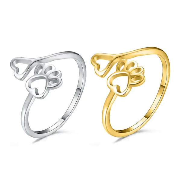 Heart paw adjustable ring in silver and gold