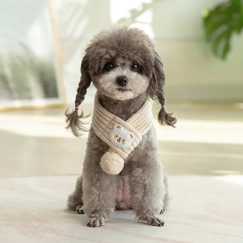 Knitted Pom-Pom Scarf for Small Pets - Beige / S