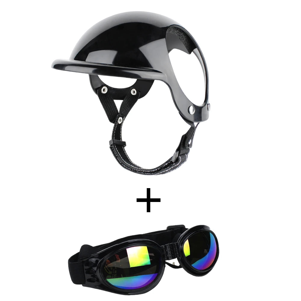 Motorbike-Style Dog Helmet - Black, with goggles / S (6 to 12.5 kg)