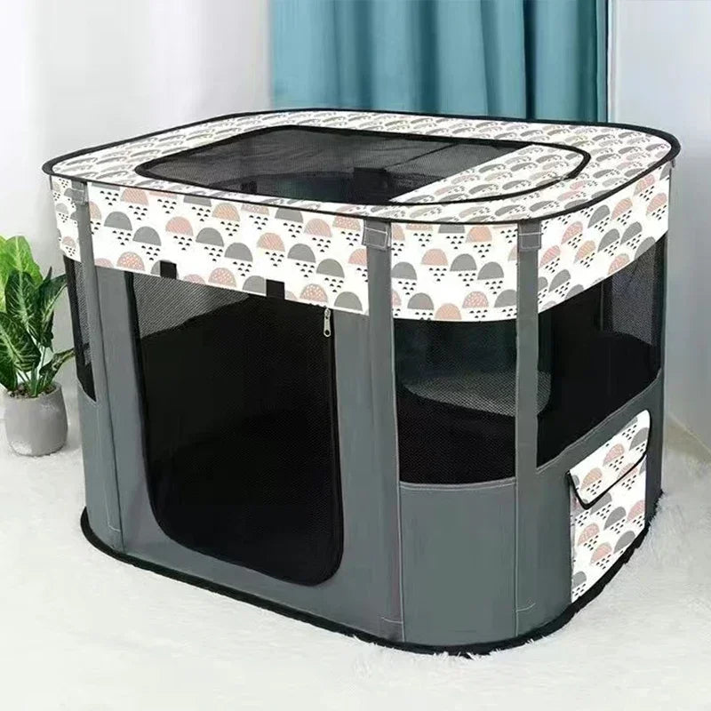 Pop-Up Pet Playpen House - Grey with print / M (70 x 55 x 45 cm)