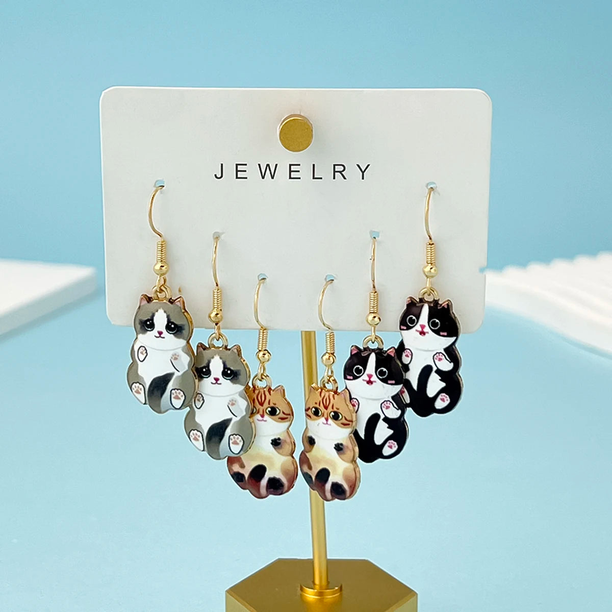 Enamel Cat Dangle Earrings Set (3 Pairs)