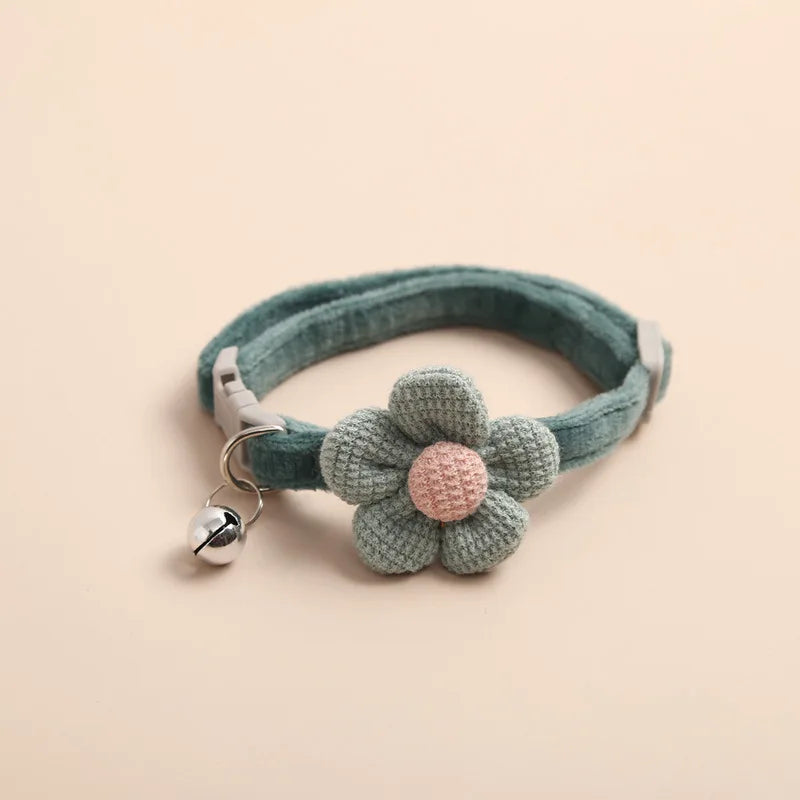 Crochet Flower Cat Collar with Bell - Green