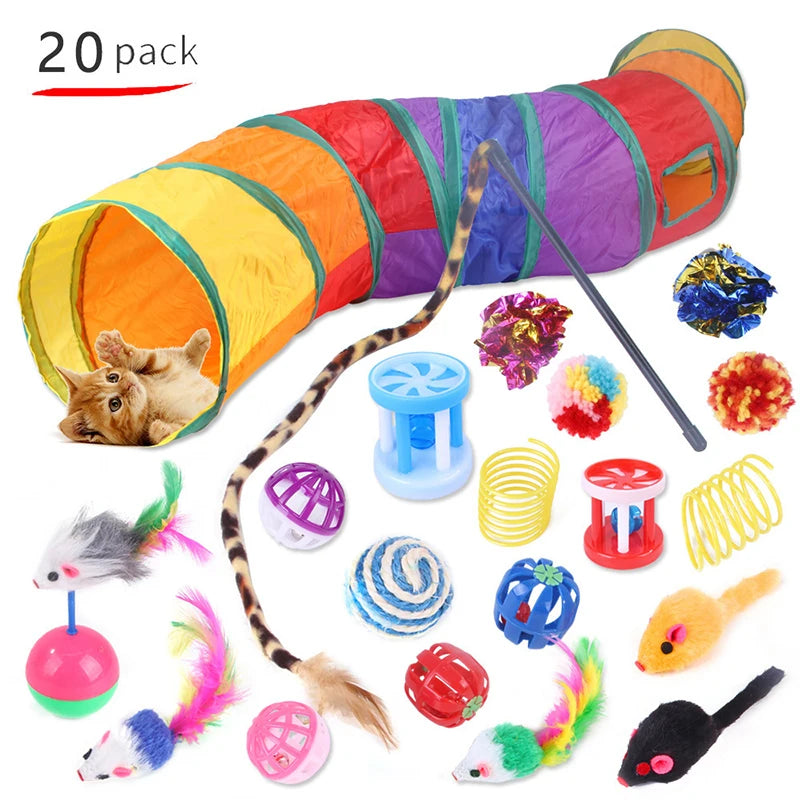 Cat Toy Set with Play Tunnel, 22 Pieces