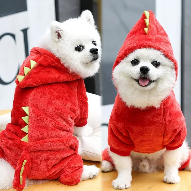 Red dinosaur fleece jumpsuit for small dogs