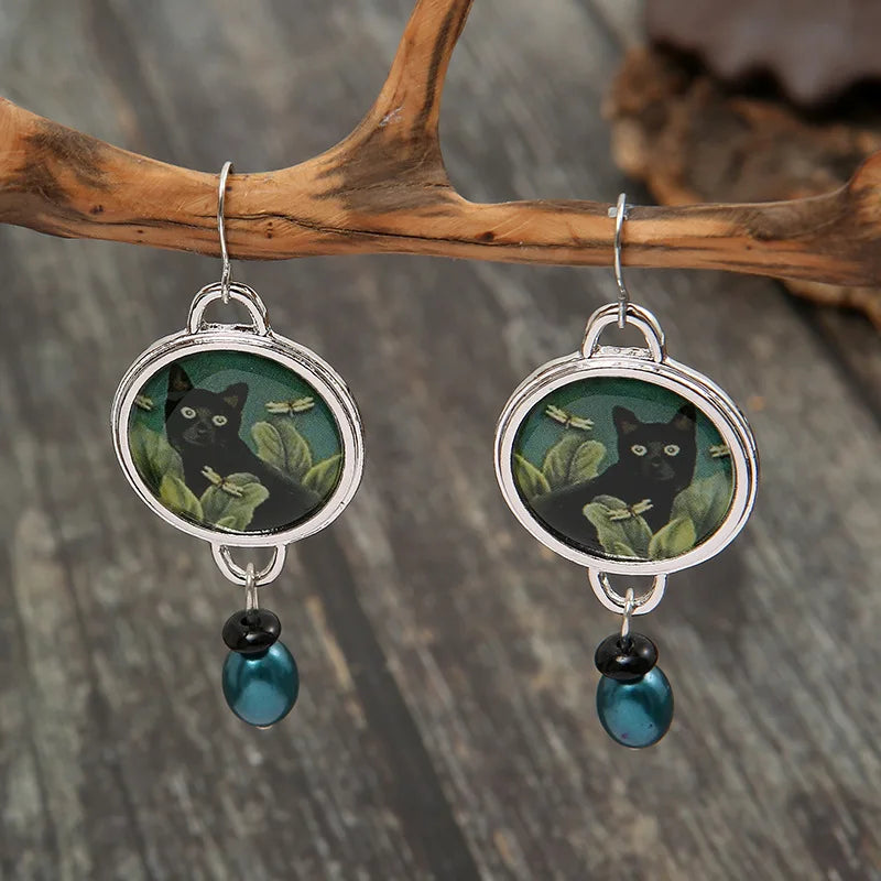 Vintage Black Cat Drop Earrings