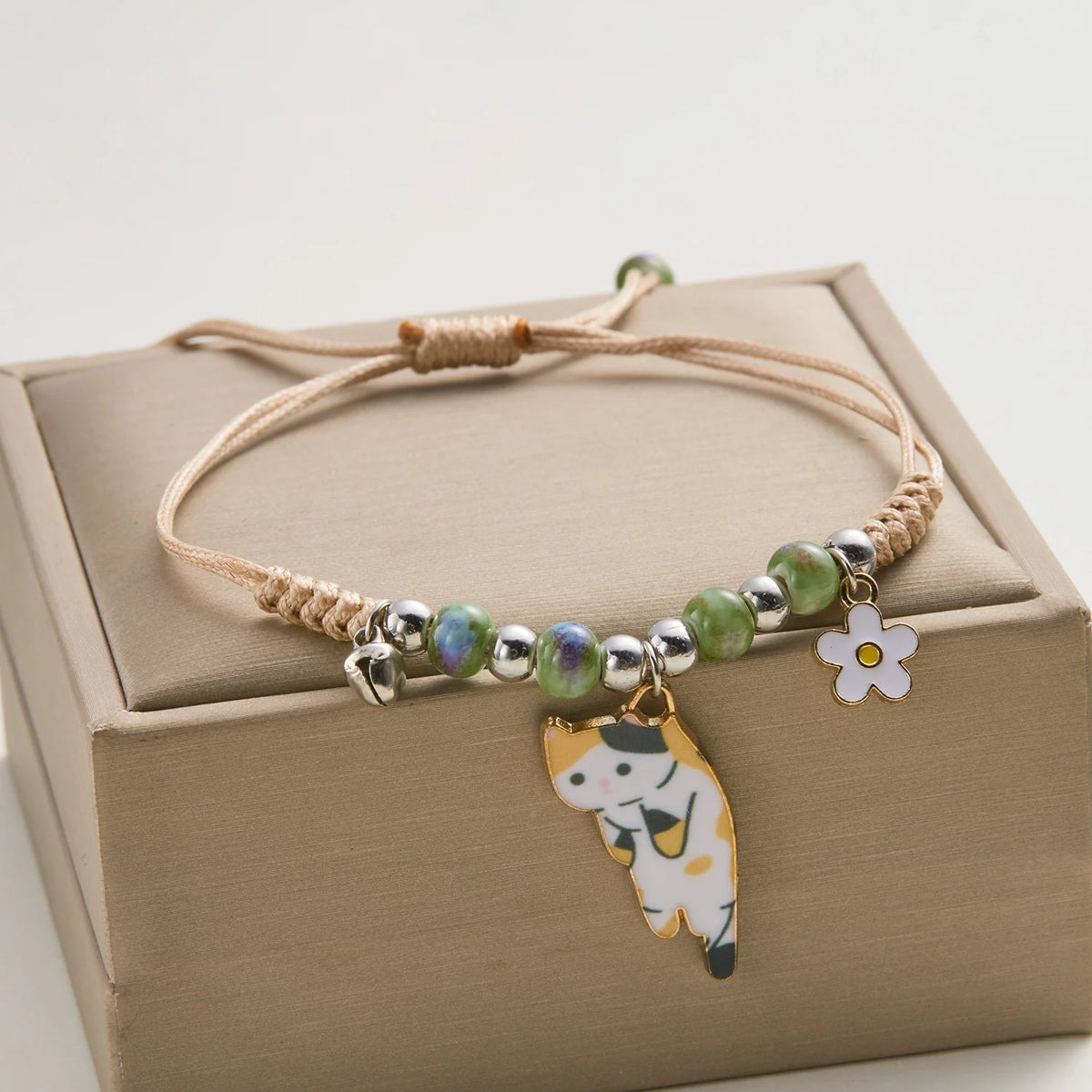 Enamel Cat & Flower Charm Bracelet