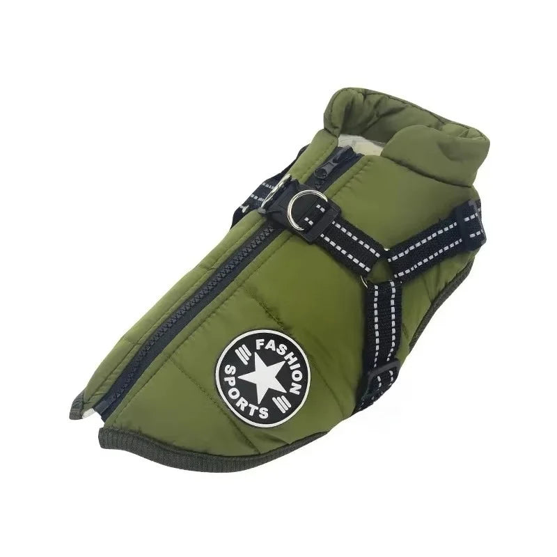 Warm Dog Jacket with Built-In Harness - Green / S