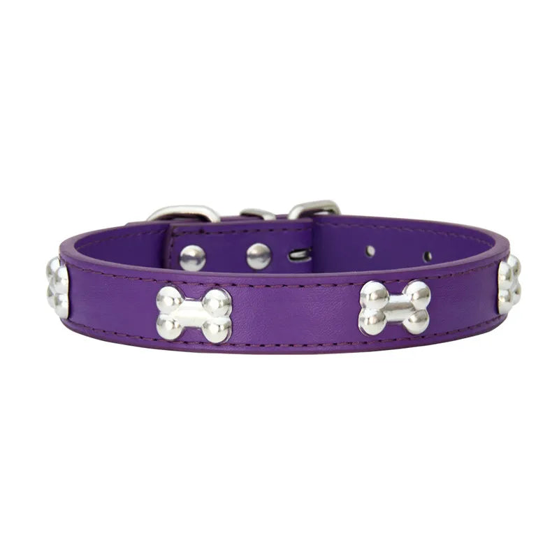 Leather Dog Collar with Bone Studs - Purple / S