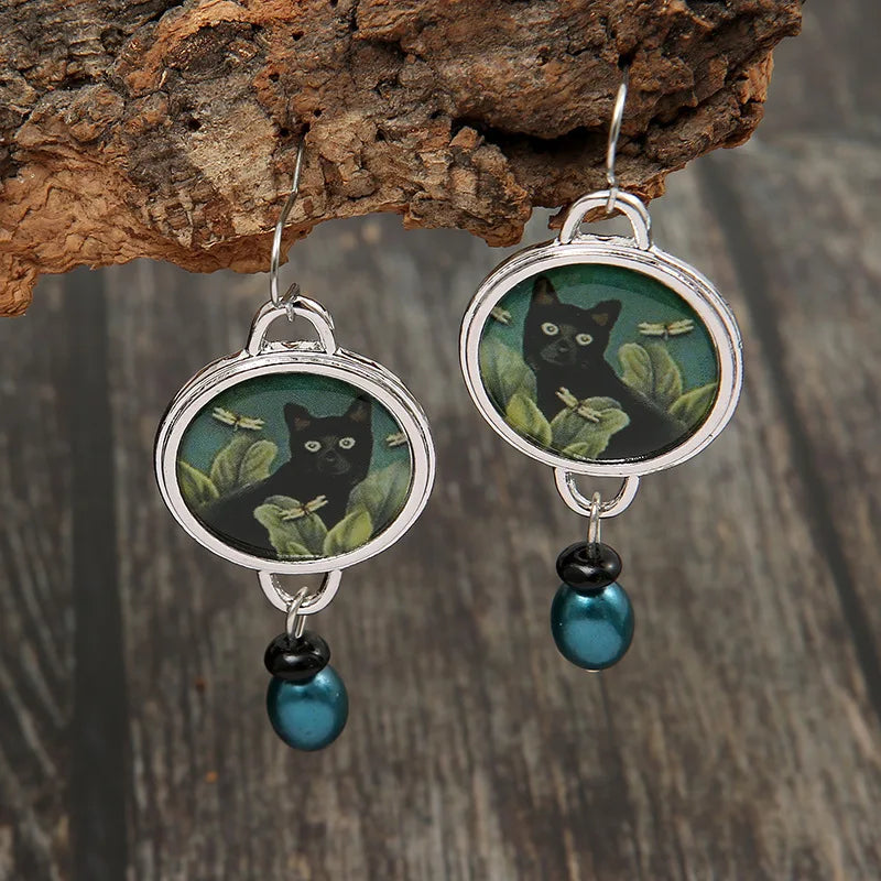 Vintage Black Cat Drop Earrings