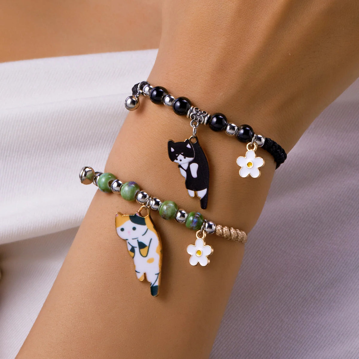 Enamel Cat & Flower Charm Bracelet