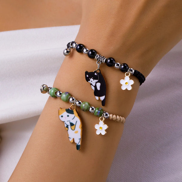 Enamel Cat & Flower Charm Bracelet