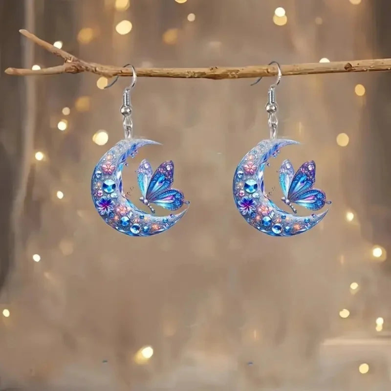 Starry Night Moon Cat Earrings