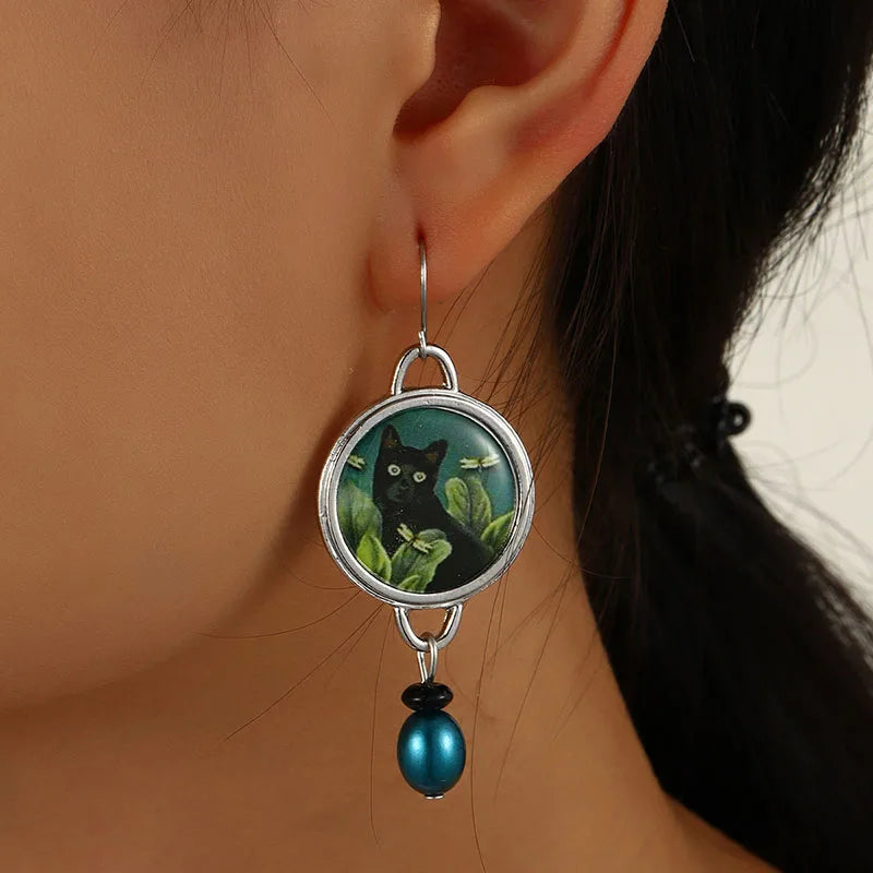 Vintage Black Cat Drop Earrings